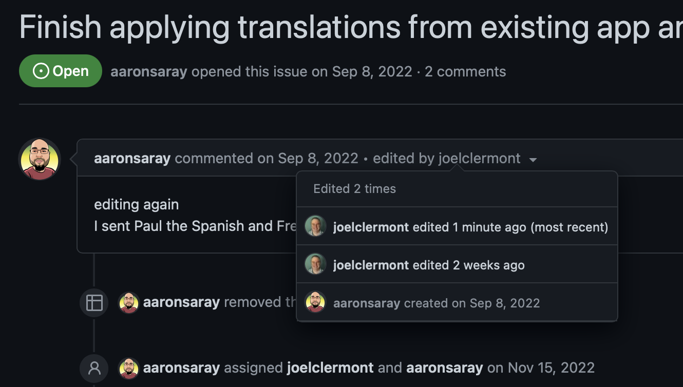 GitHub comment revision history